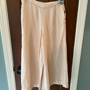 FREE PEOPLE 100% Linen Wide Leg Culottes Pants Size 2 Khaki Cropped Side Button